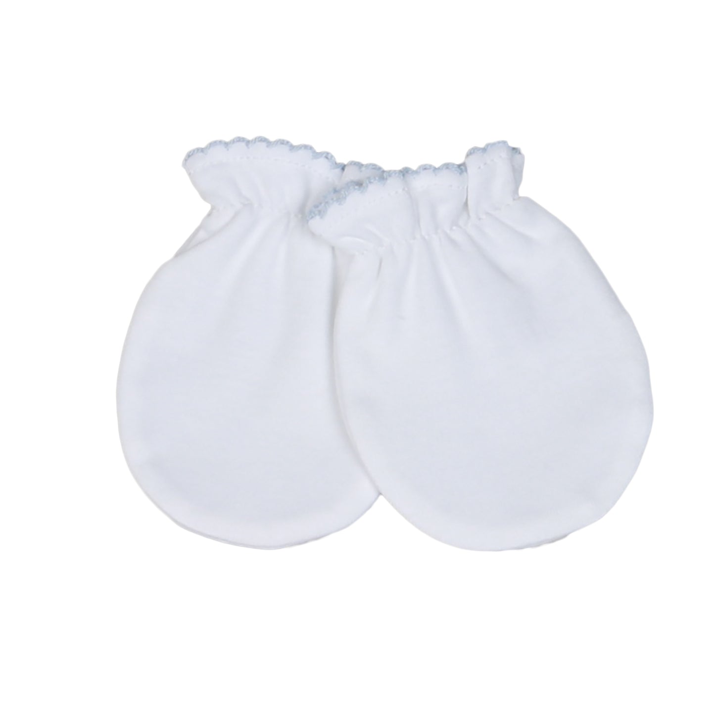 WBP-021 White Mittens Blue Picot Trim.