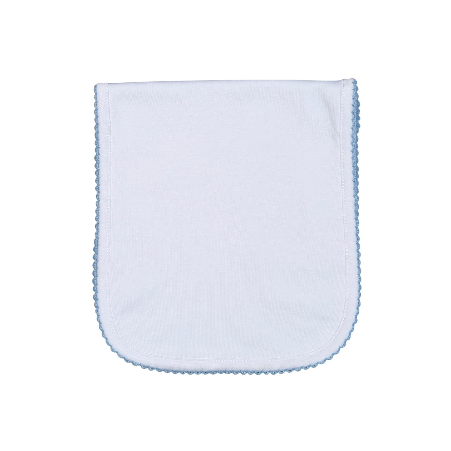 WBP-018 White Burping Pad Blue Picot Trim.