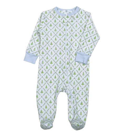 TRB-299 Blue Christmas Trees Pima Zipper Footie