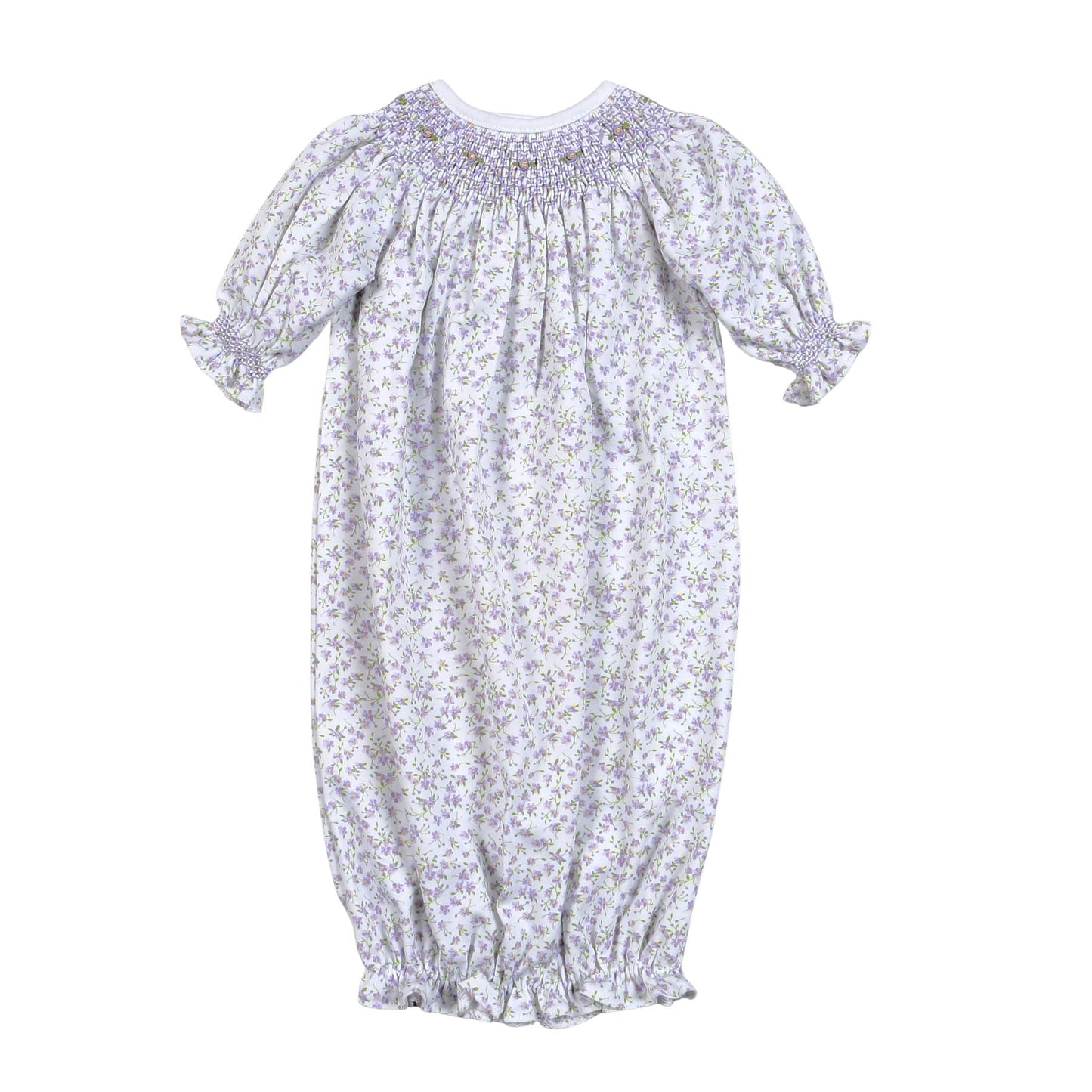 LEY-419 LEYLA PURPLE FLORAL HAND SMOCKED BISHOP GOWN