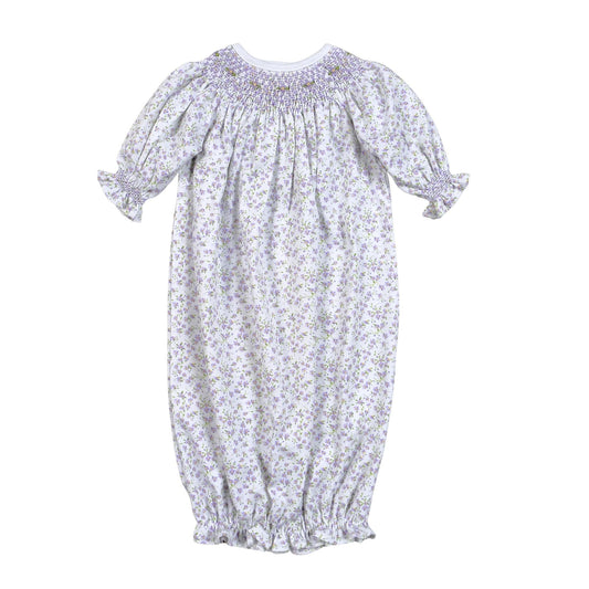 LEY-419 LEYLA PURPLE FLORAL HAND SMOCKED BISHOP GOWN