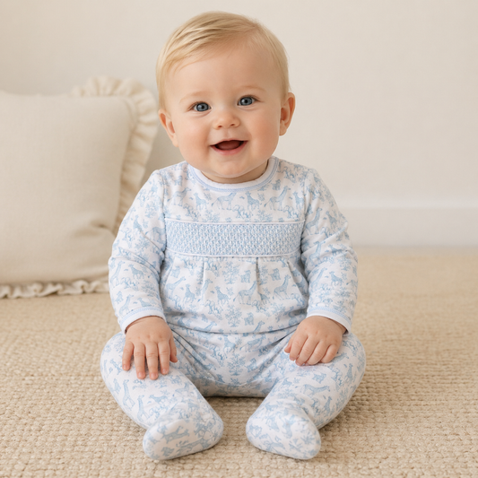 BSF-414 Blue Baby Safari Hand Smock  Footie