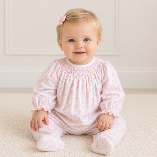 BSF-514 Pink Baby Safari Hand Smock Bishop Footie