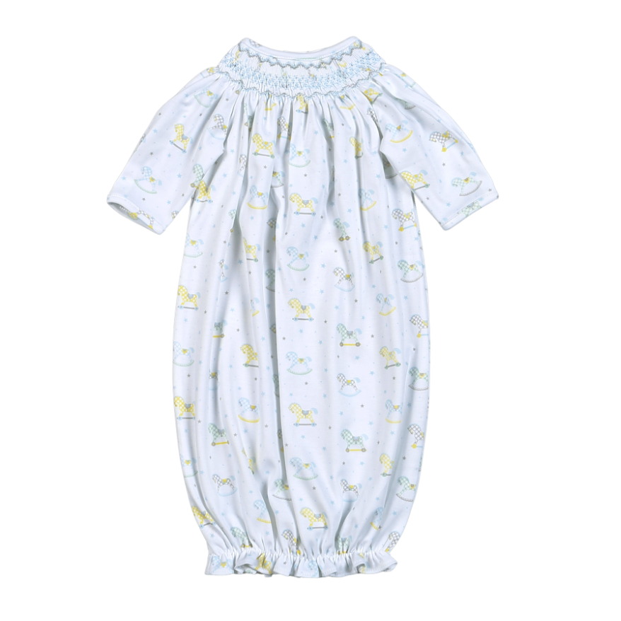 RKB-519 Blue Rocking Horses Hand Smocked Bishop Gown