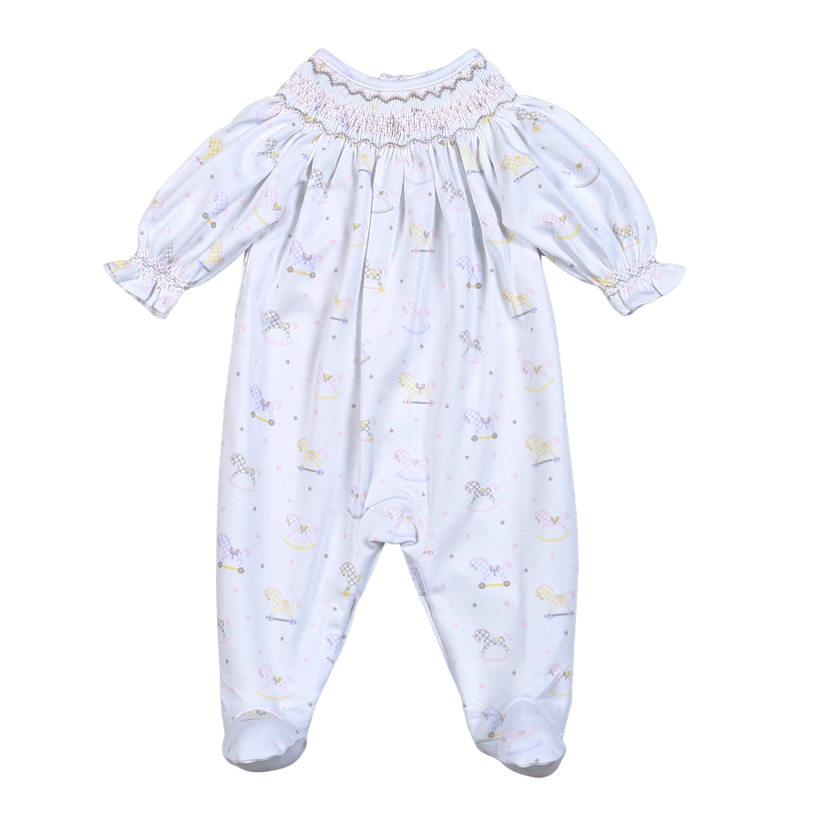 RKG-514 Pink Rocking Horses Hand Smocked Bishop Footie