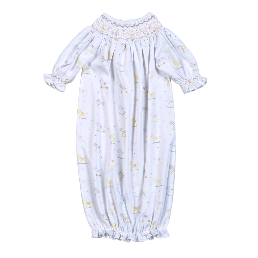 RKG-519 Pink Rocking Horses Hand Smocked Bishop Gown