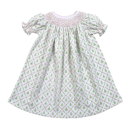 HAND SMOCKED CHRISTMAS TREES BISHOP DRESS