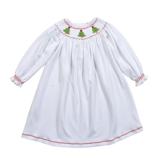 XMS-540 Christmas Trees Hand Smocked Pima Hand Smocked Bishop Dress