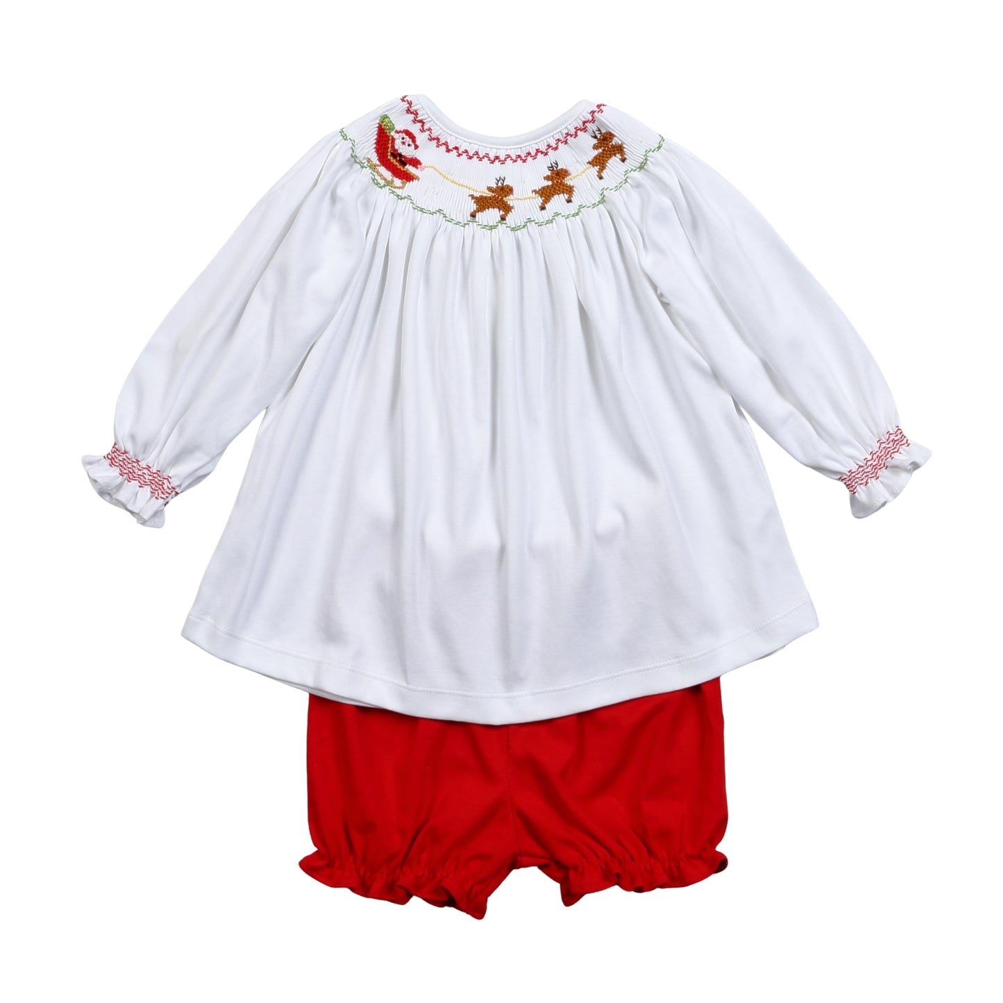 XMS-432 Santa's Sleigh Hand Smocked Pima bloomers set