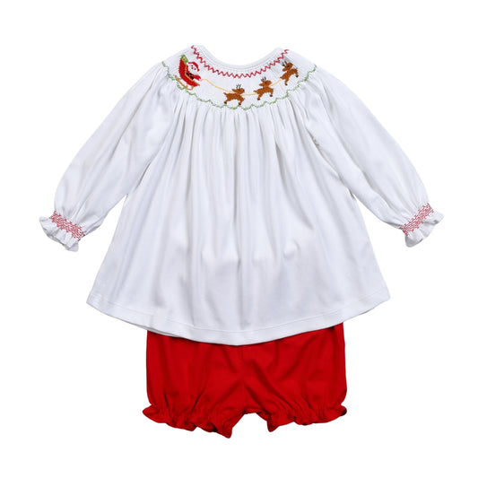 XMS-432 Santa's Sleigh Hand Smocked Pima bloomers set