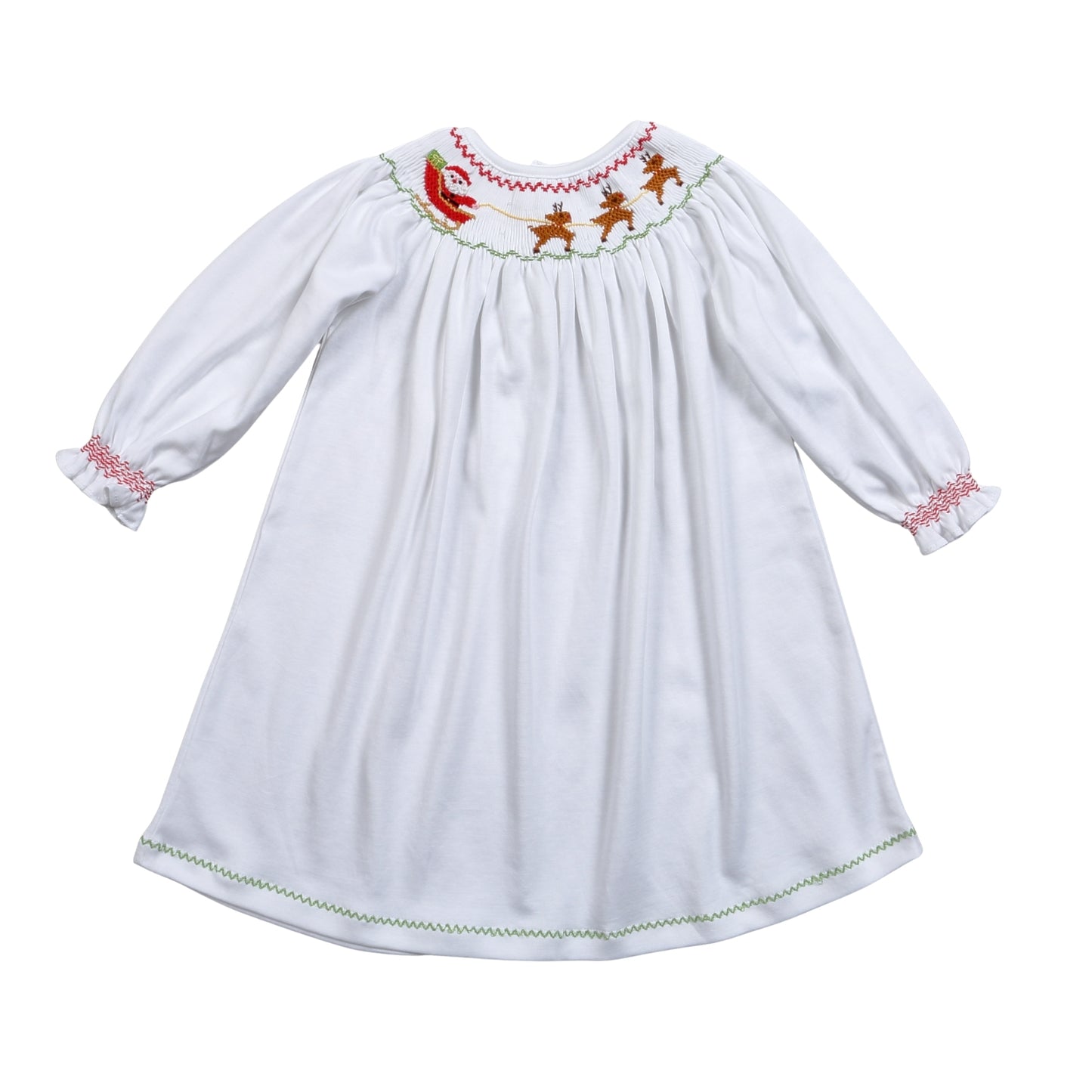 XMS-440 Santa's Sleigh Hand Smocked Pima Hand Smocked Bishop Dress