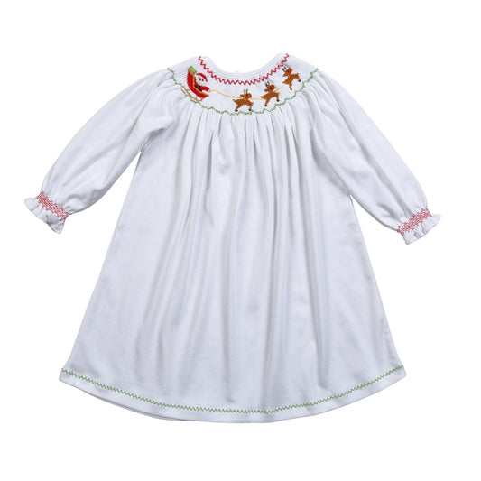 XMS-440 Santa's Sleigh Hand Smocked Pima Hand Smocked Bishop Dress