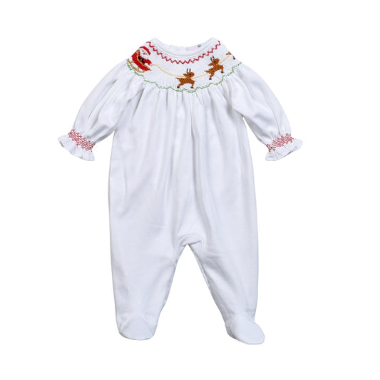 XMS-414 Santa's Sleigh Hand Smocked Pima Hand Smocked Bishop Footie