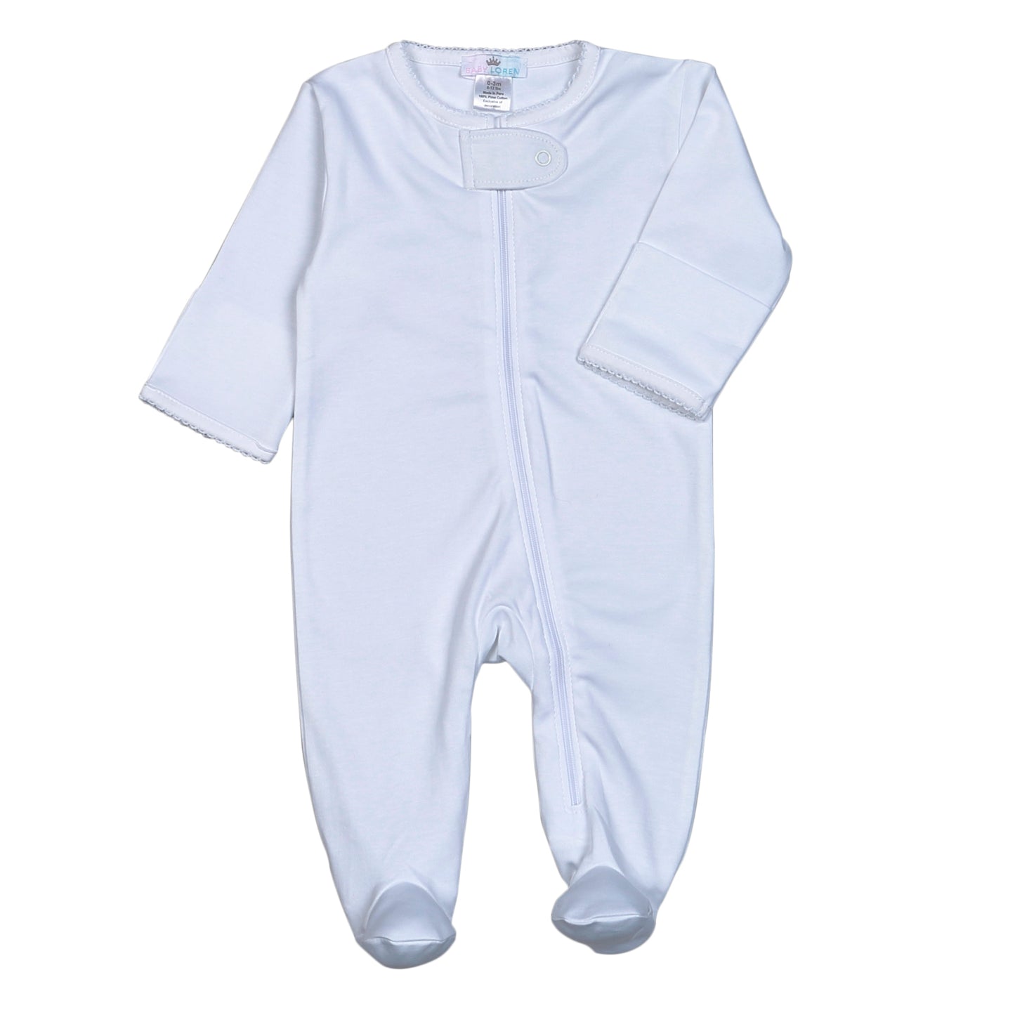 WWP-014 White Zipper Footie  White Picot Trim.