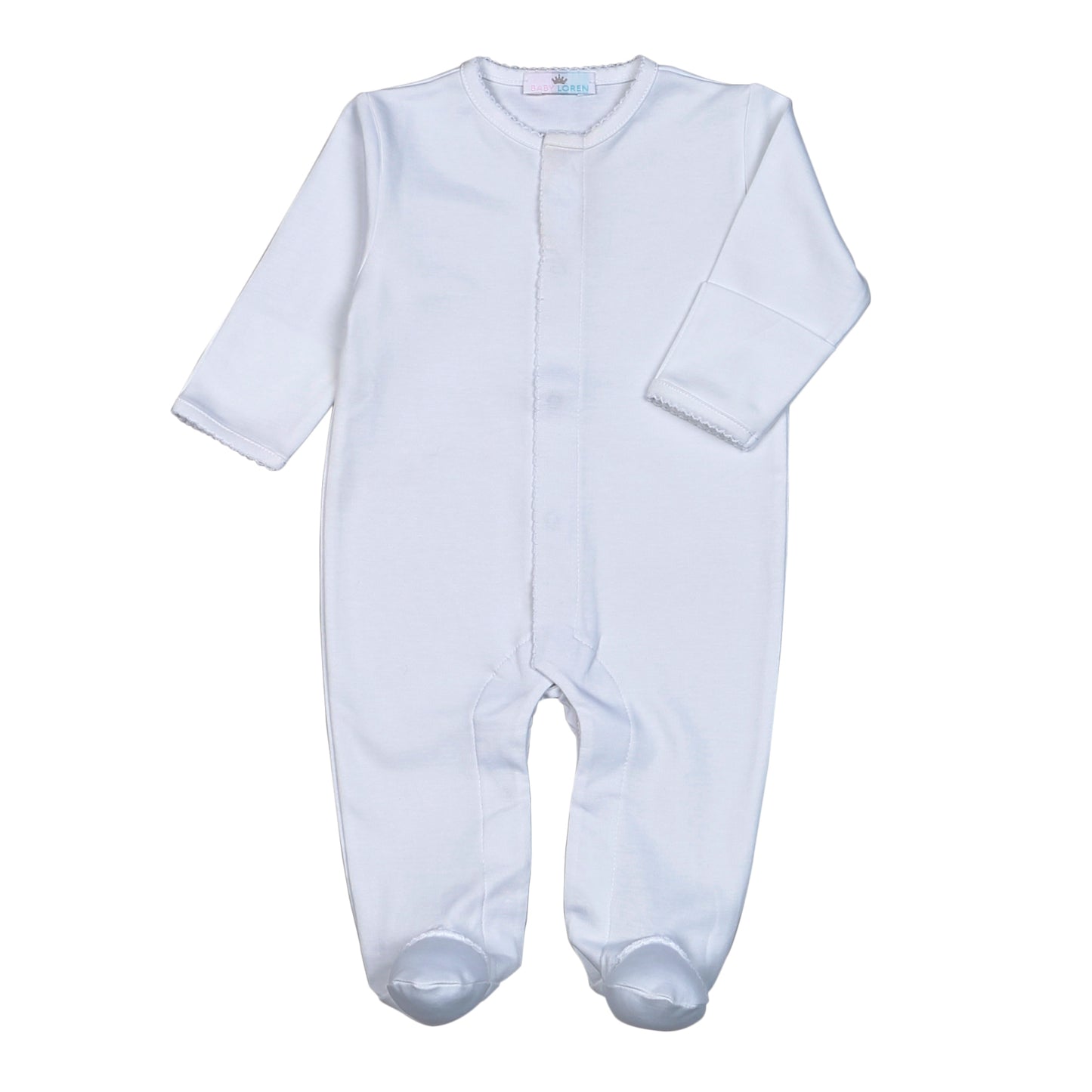 WWP-012 White Snap Footie  White Picot Trim.
