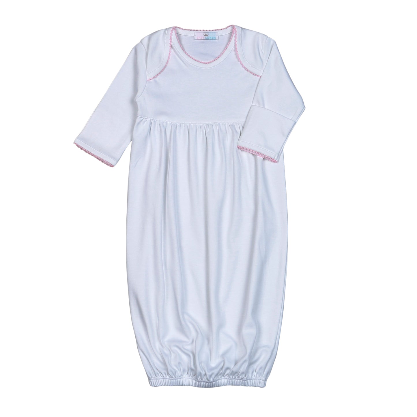 WPP-020 White  Gown Pink Picot Trim. Cut on Chest
