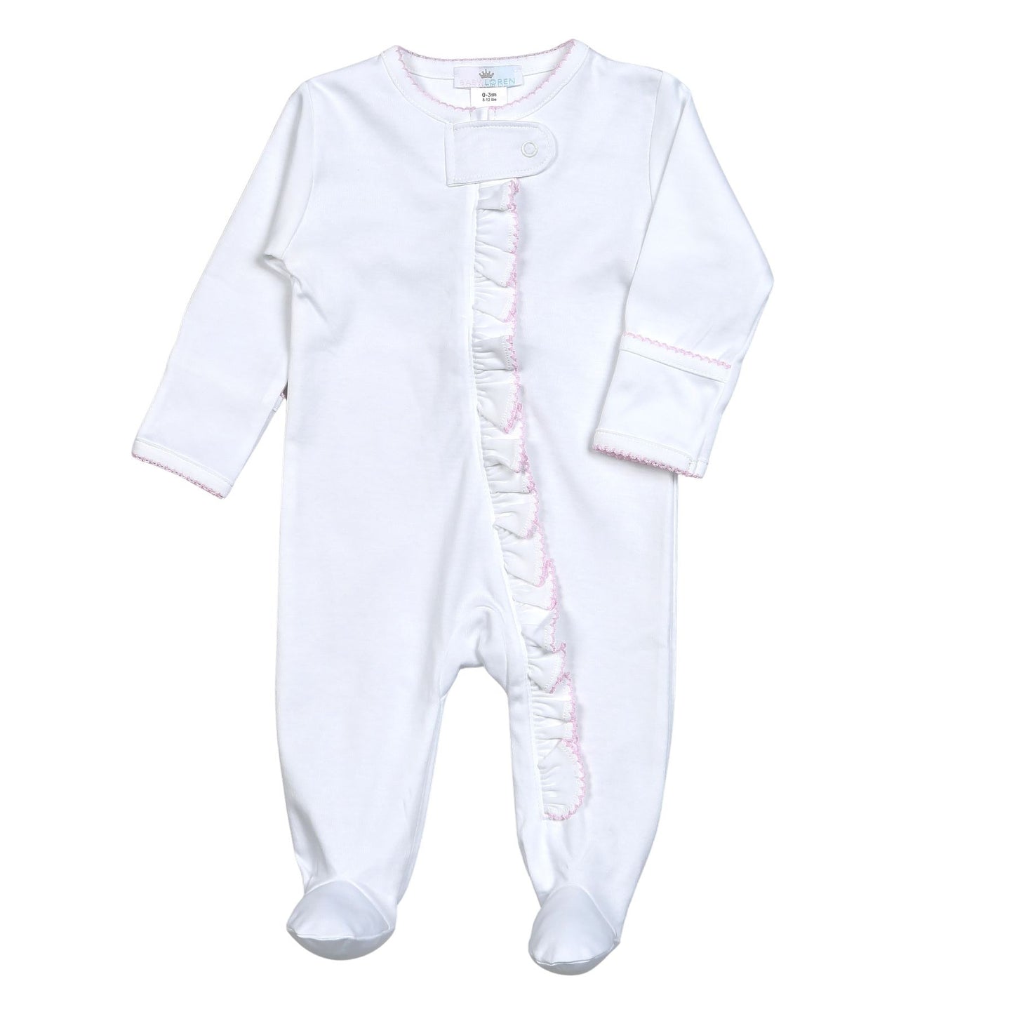 WPP-014 White Zipper Footie  Pink Picot Trim.