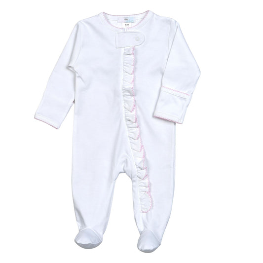 WPP-014 White Zipper Footie  Pink Picot Trim.
