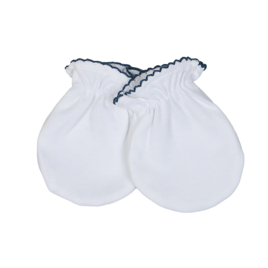 WNP-021 White  Mittens Navy Blue Picot Trim.