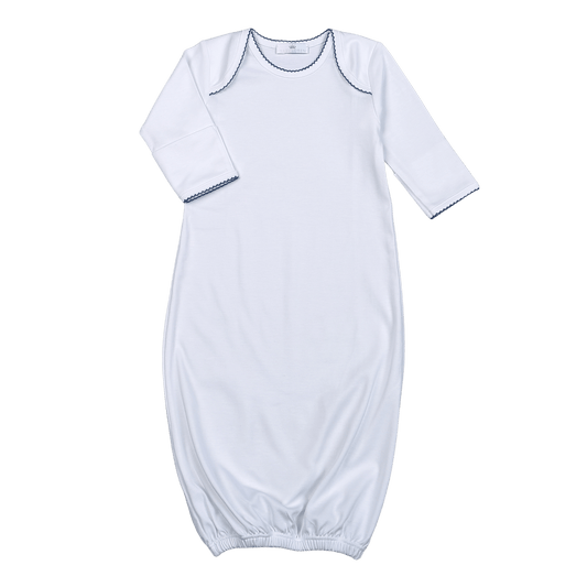 WNP-019 White  Gown Navy Blue Picot Trim.
