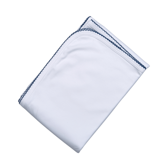 WNP-016 White  Receiving Blanket  Navy Blue Picot Trim 28"x 29".
