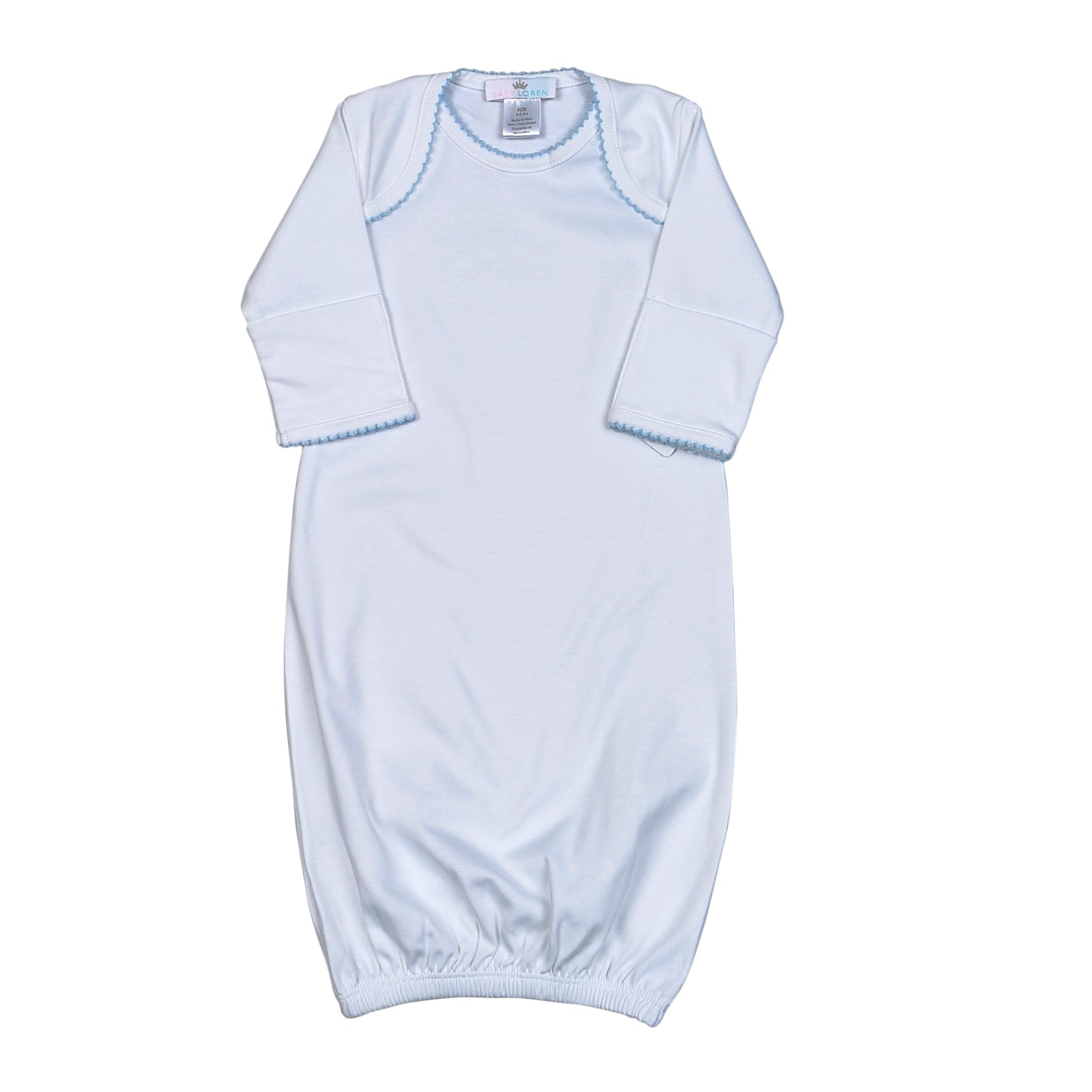 WBP-019 White  Gown Blue Picot Trim.