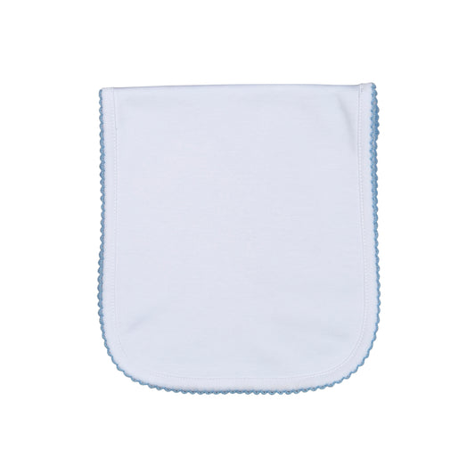 WBP-018 White  Burping Pad Blue Picot Trim.