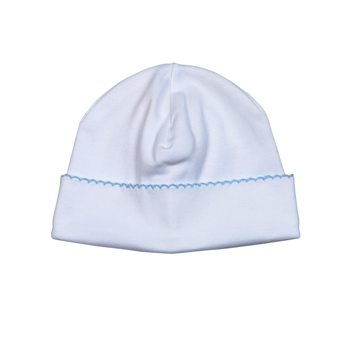 WBP-015 White  Beanie Blue Picot Trim.