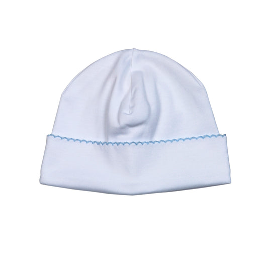 WBP-015 White  Beanie Blue Picot Trim.