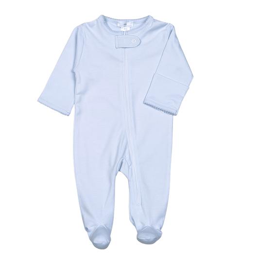 BBP-014 Blue Zipper Footie  Blue Picot Trim.