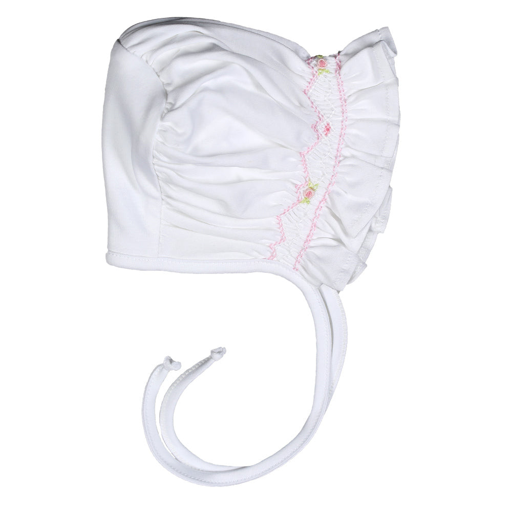 WPS-915 Sally white/pink Hand Smocked Pima Bonnet