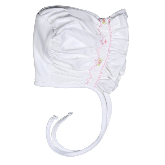 WPS-915 Sally white/pink Hand Smocked Pima Bonnet