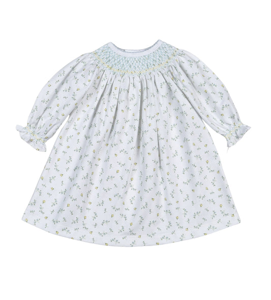 MIA-540 Mia Blue Floral Pima Hand Smk Bishop Dress