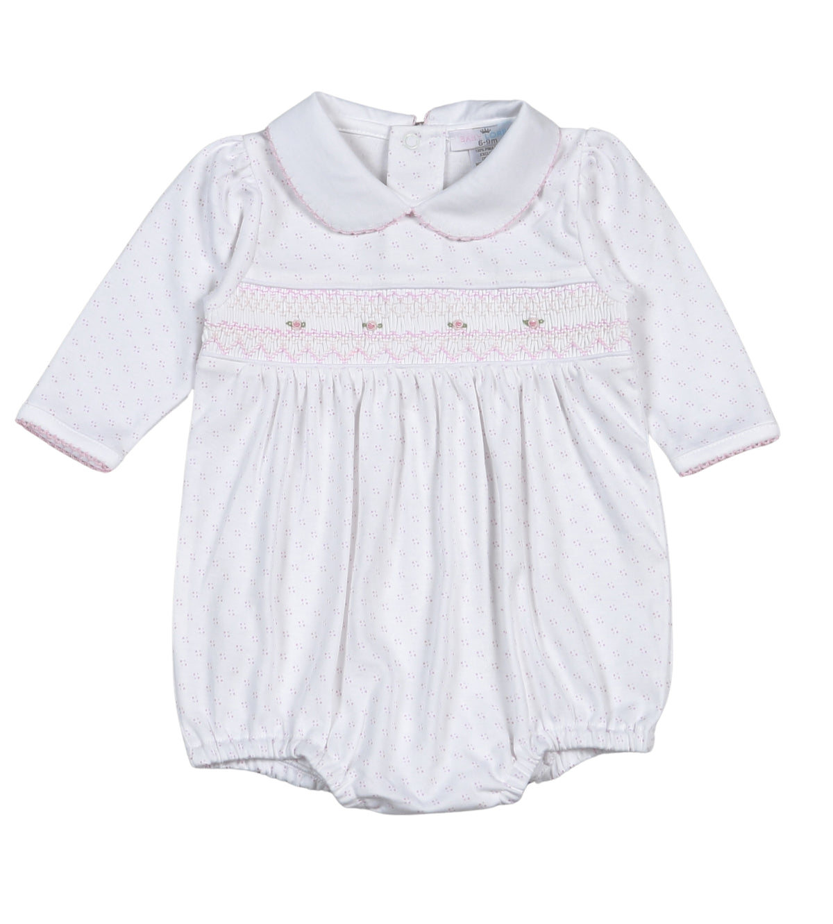 PDS-831 Sally Pink Dots Hand Smocked Pima Long Sleevs Bubble