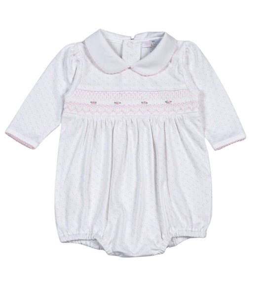 PDS-831 Sally Pink Dots Hand Smocked Pima Long Sleevs Bubble