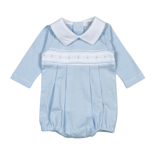BSS-831 Tim Blue Stripes Hand Smocked Pima Long Sleevs Bubble