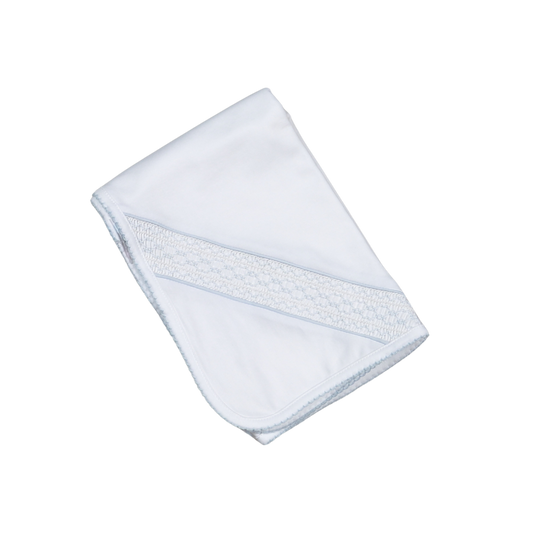 WBS-816 Tim white/Blue Hand Smocked Pima Receiving Blanket