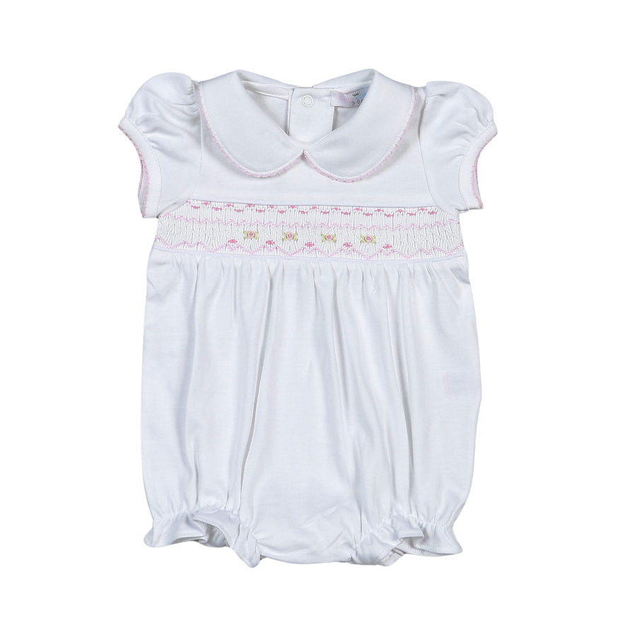 WPS-830 Sally white/pink Hand Smocked Pima Short Sleeves Bubble
