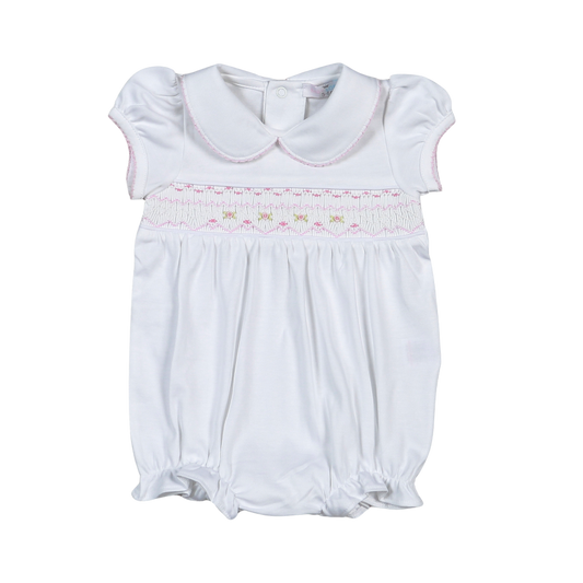 WPS-830 Sally white/pink Hand Smocked Pima Short Sleeves Bubble