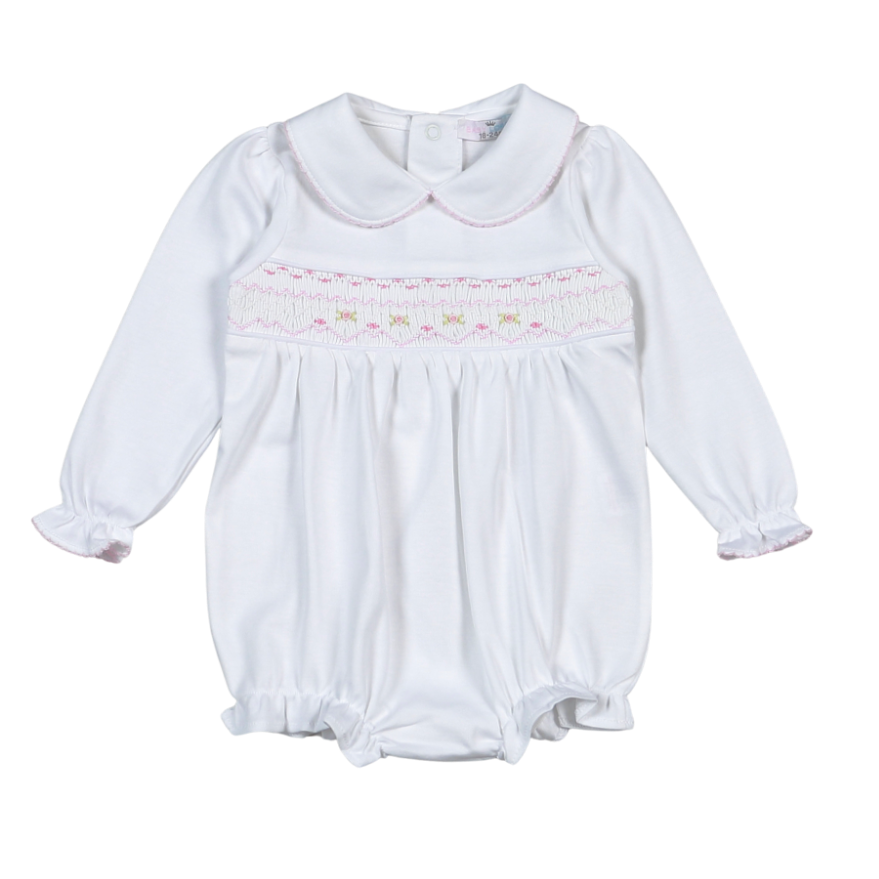 WPS-831 Sally white/pink Hand Smocked Pima Long Sleevs Bubble