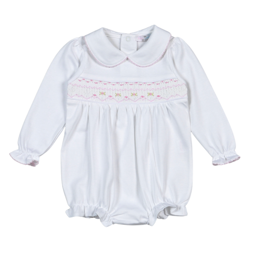 WPS-831 Sally white/pink Hand Smocked Pima Long Sleevs Bubble