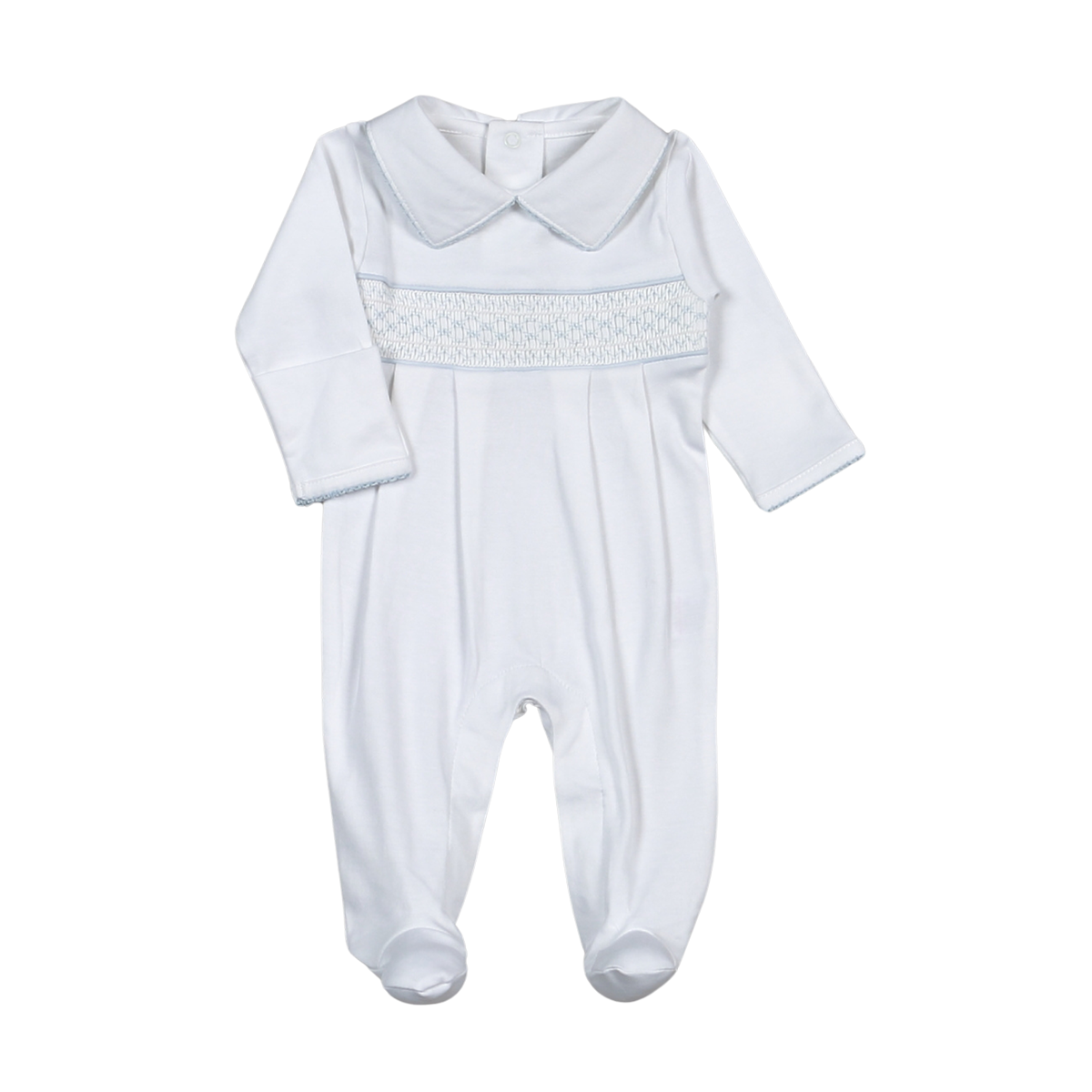 WBS-814 Tim white/Blue Hand Smocked Pima Footie