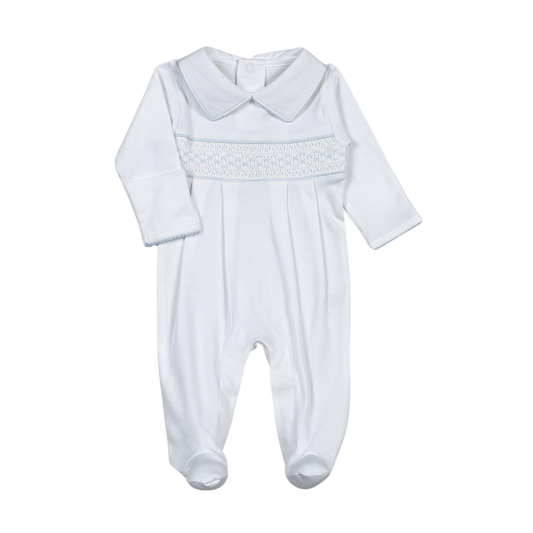 WBS-814 Tim white/Blue Hand Smocked Pima Footie