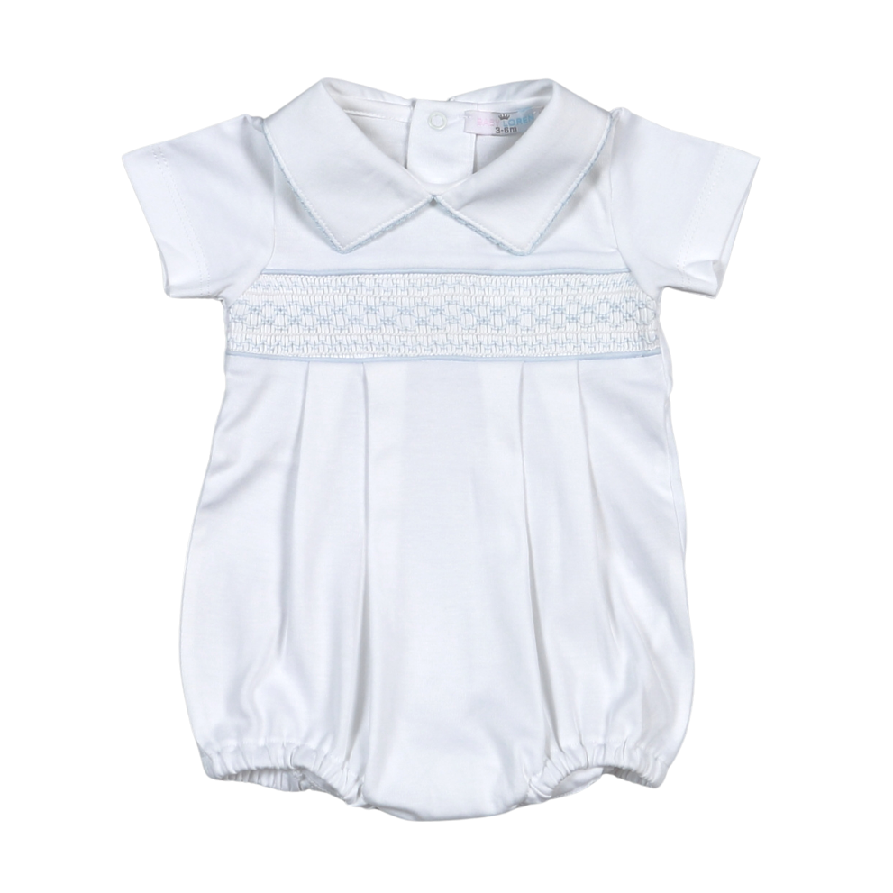 WBS-830 Tim white/Blue Hand Smocked Pima Short Sleeves Bubble