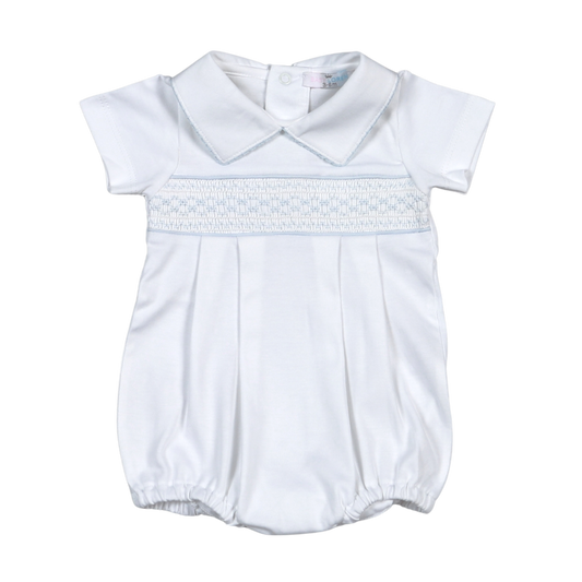 WBS-830 Tim white/Blue Hand Smocked Pima Short Sleeves Bubble