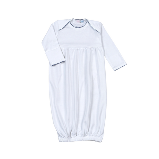 WNP-020 White  Gown Navy Blue Picot Trim. Cut on Chest