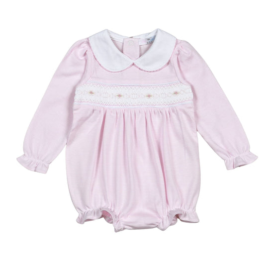 PKS-831 Sally Pink Stripes Hand Smocked Pima Long Sleevs Bubble
