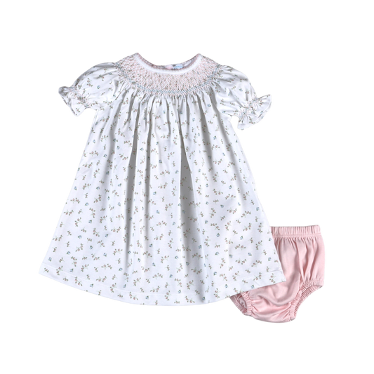 BEL-640 Bella Pink Floral Pima Hand Smk Bishop Dress