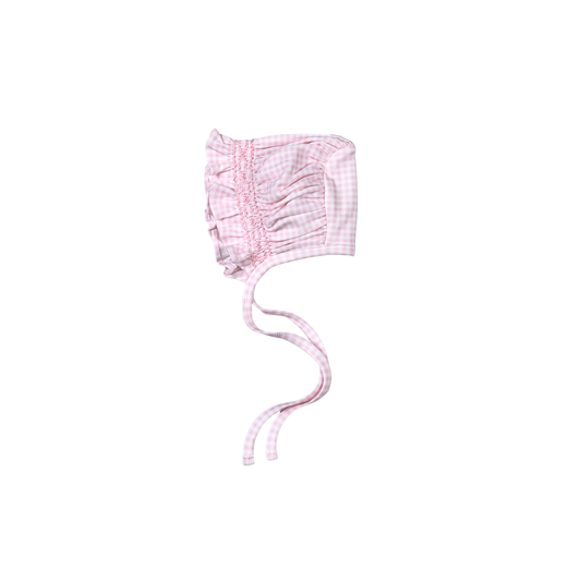 PGG-115 Pink gingham clsssic Pima Hand Smocked Bonnet