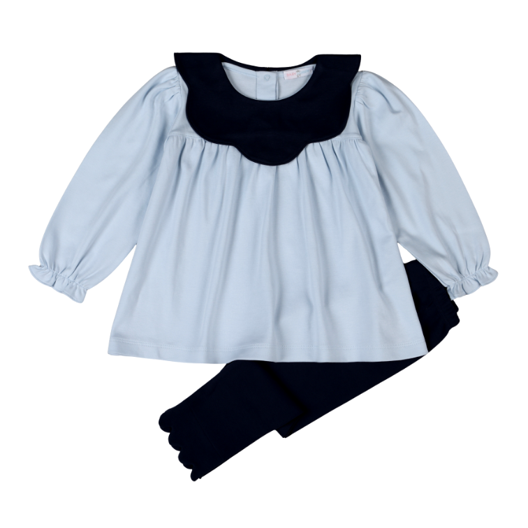 EMI-220 Emily Blue Pima  scalop collar top set